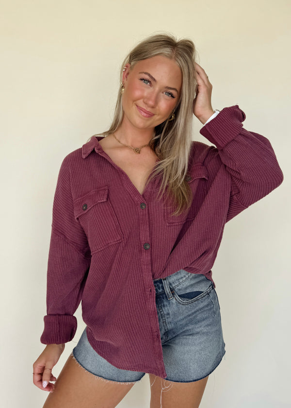 Dark Cherry Waffle Shacket