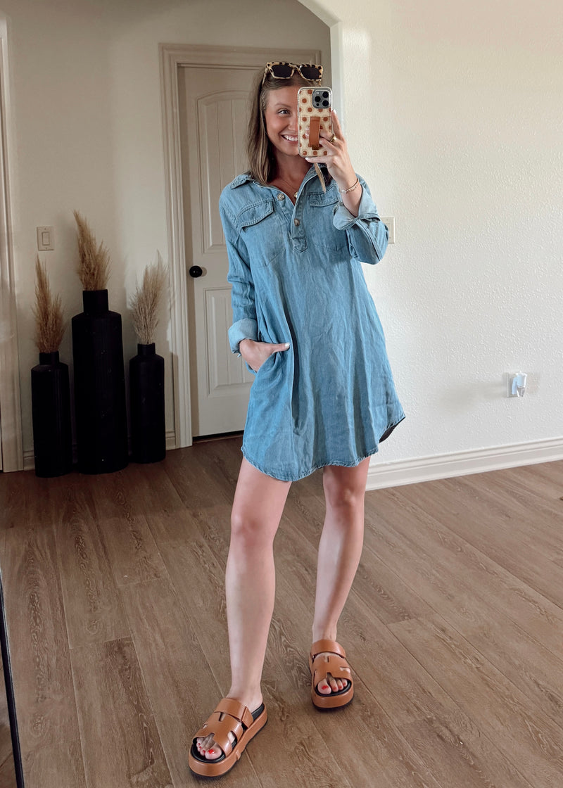 denim shirt with a dress Women's Oversized Shirtdress Wash Lab washlabshop a straight back yoke and full front placket with snap closures Petal and Pup Women's Fleming