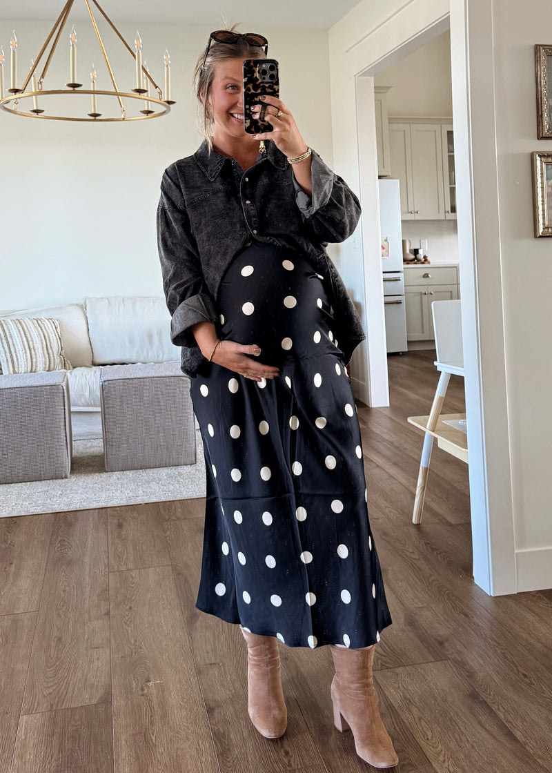 Sleek Polka Dot Satin Skirt