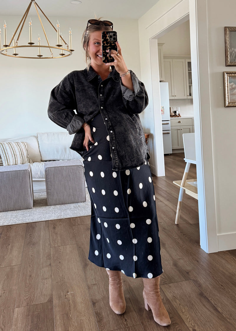 Sleek Polka Dot Satin Skirt