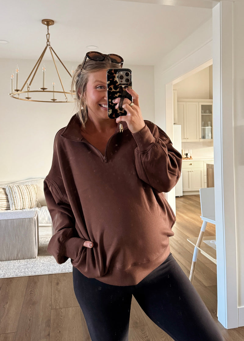Comfort Season Zip Pullover-Brown