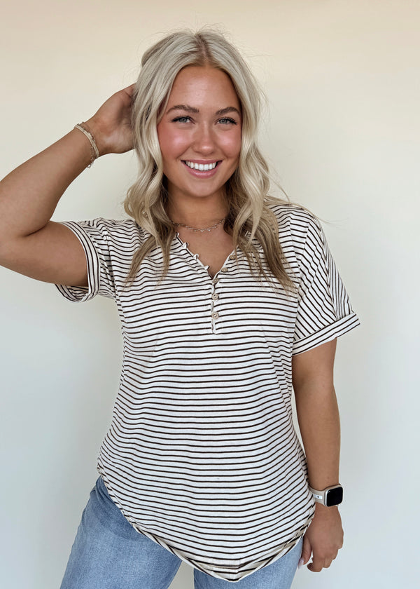 Mocha Stripe Henley Tee