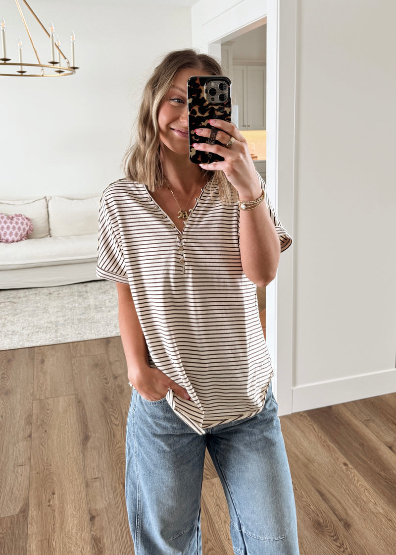 Mocha Stripe Henley Tee