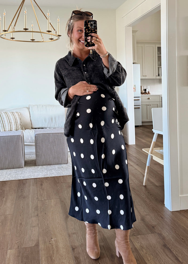Sleek Polka Dot Satin Skirt
