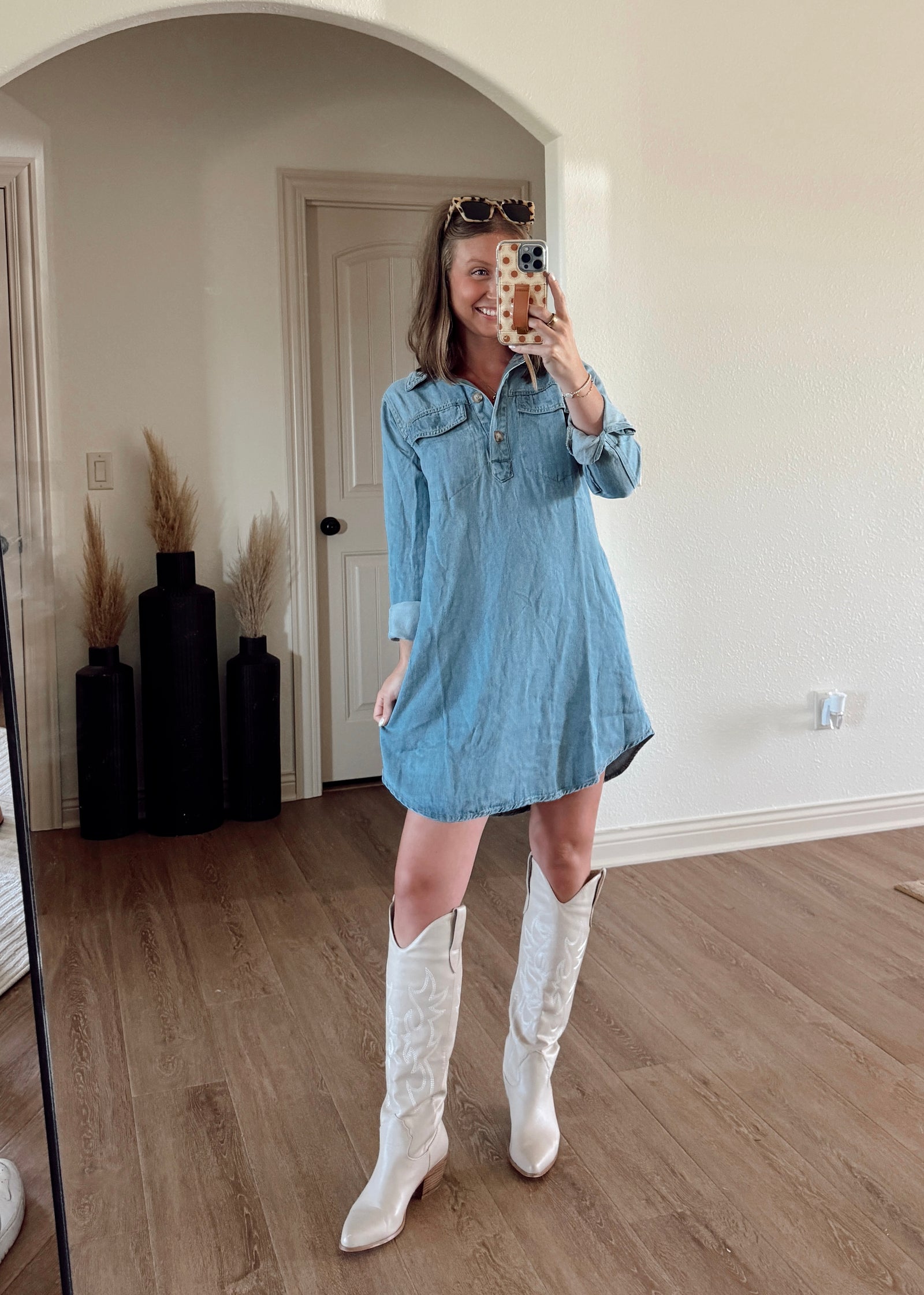 white and denim shirt dress Louisa Short Sleeve Denim Dress - White