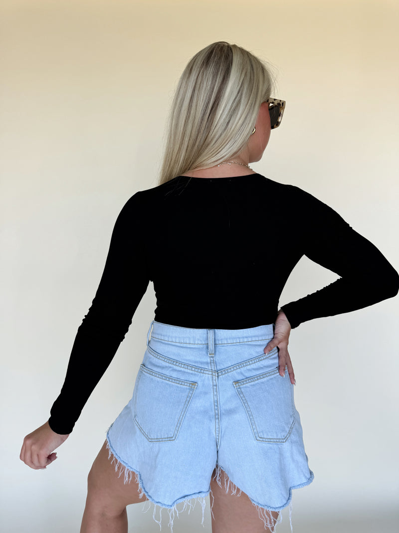 Basic Babe Long Sleeve Bodysuit- Black