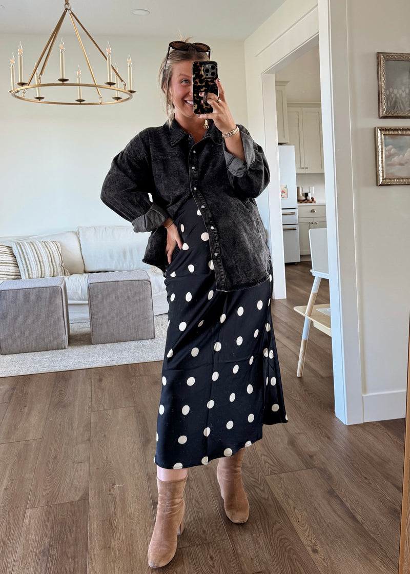 Sleek Polka Dot Satin Skirt
