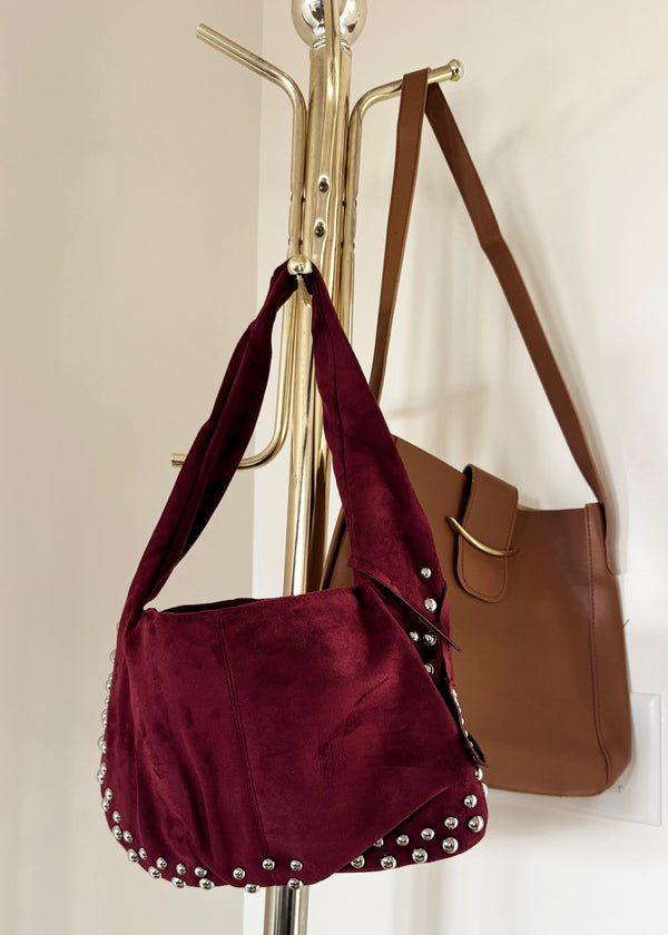 Suede Studded Purse-Burgundy