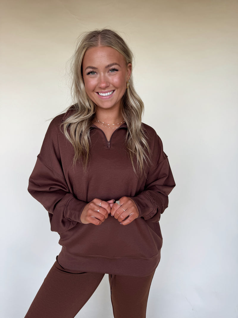 Comfort Season Zip Pullover-Brown