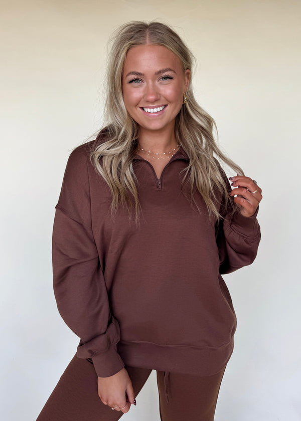 Comfort Season Zip Pullover-Brown