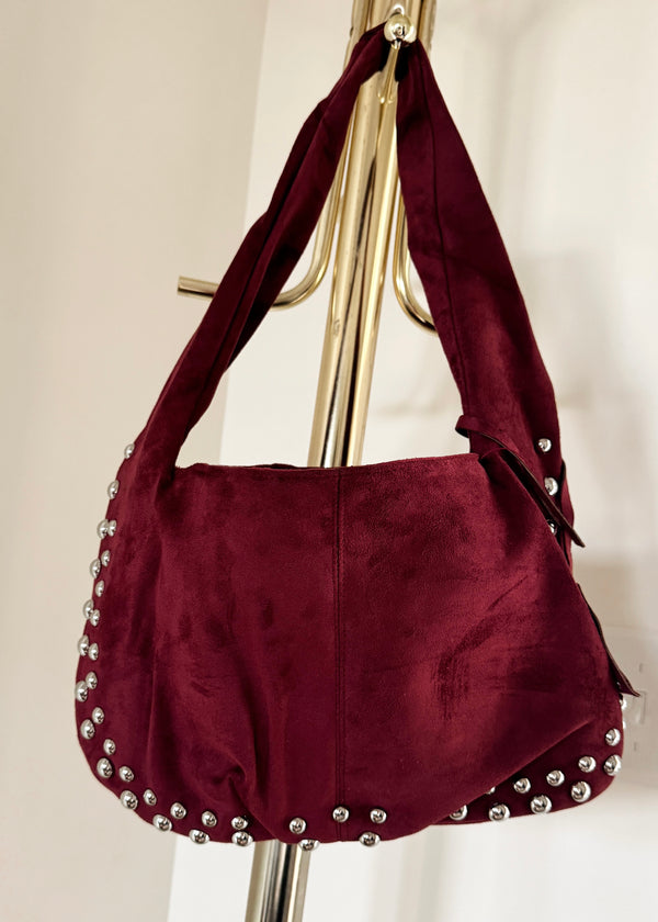Suede Studded Purse-Burgundy