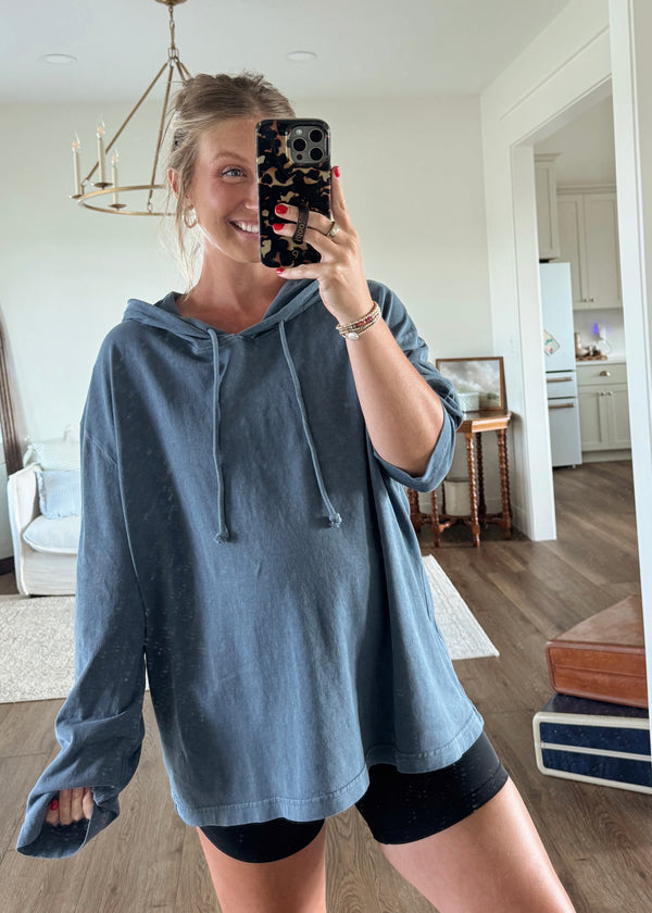 Fresh Breeze Hoodie Top- Dusty Blue